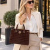 Woman Posing With The Coffee Croc Print Handbag