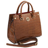 Angled And Shoulder Strap View Of The Cognac Croc Print Handbag