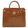 Front View Of The Cognac Croc Print Handbag