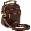 Angled and Shoulder Strap View Of The Dark Brown Crossbody Bag Leather