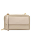 Tuscany Leather Crossbody Phone Wallet for Women in beige, featuring a secure closure and compact design for essentials.