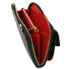 Interior view of a Crossbody Phone Wallet for Women showcasing multiple compartments and a vibrant red lining.