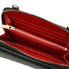 Interior view of a black Crossbody Phone Wallet for Women featuring red lining and multiple compartments.