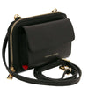 Crossbody Phone Wallet for Women in black leather with gold zipper and strap.