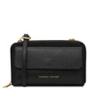 Crossbody Phone Wallet for Women in black leather with gold accents.