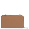 Crossbody Phone Wallet for Women in brown leather with gold hardware, perfect for carrying essentials stylishly.