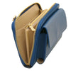 Crossbody Phone Wallet for Women with multiple compartments in a stylish denim design, perfect for holding essentials.