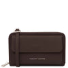 Crossbody Phone Wallet for Women in Chocolate leather with gold accents.