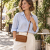 Woman In The Street with The Crossbody Phone Wallet for Women in cognac leather with gold accents.