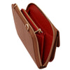 Side Angle Internal Compartment View Of the Cognac Crossbody Phone Wallet for Women