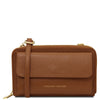 Crossbody Phone Wallet for Women in cognac leather with gold accents.