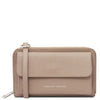 Crossbody Phone Wallet for Women in Light Taupe leather with gold accents.