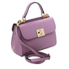 Angled And Shoulder Strap View Of The Lilac Designer Handbag