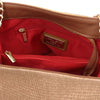 Internal Zip Pocket View Of The Cognac Designer Bucket Bag