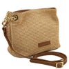 Angled and Shoulder Strap View Of The Cognac Designer Bucket Bag