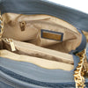 Internal Zip Pocket View Of The Denim Designer Bucket Bag