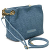 Angled and Shoulder Strap View Of The Denim Designer Bucket Bag