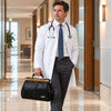 Man in a doctor's coat carrying a Doctors Bag in a modern hallway.