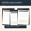 Documents, Health & Contacts pages from the Complete Travel Planner and Packing Bundle - Digital PDF for organized travel planning.
