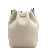 Rear View Of The Beige Drawstring Bucket Bag