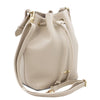 Angled View Of The Beige Drawstring Bucket Bag