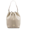 Front View Of The Beige Drawstring Bucket Bag