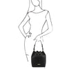 Woman Posing With The Black Drawstring Bucket Bag