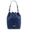 Front View Of The Dark Blue Drawstring Bucket Bag
