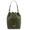 Front View Of The Forest Green Drawstring Bucket Bag