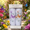 Handkerchief Butterfly's Embroidery Design showcased in a floral garden setting with butterflies and vibrant flowers.