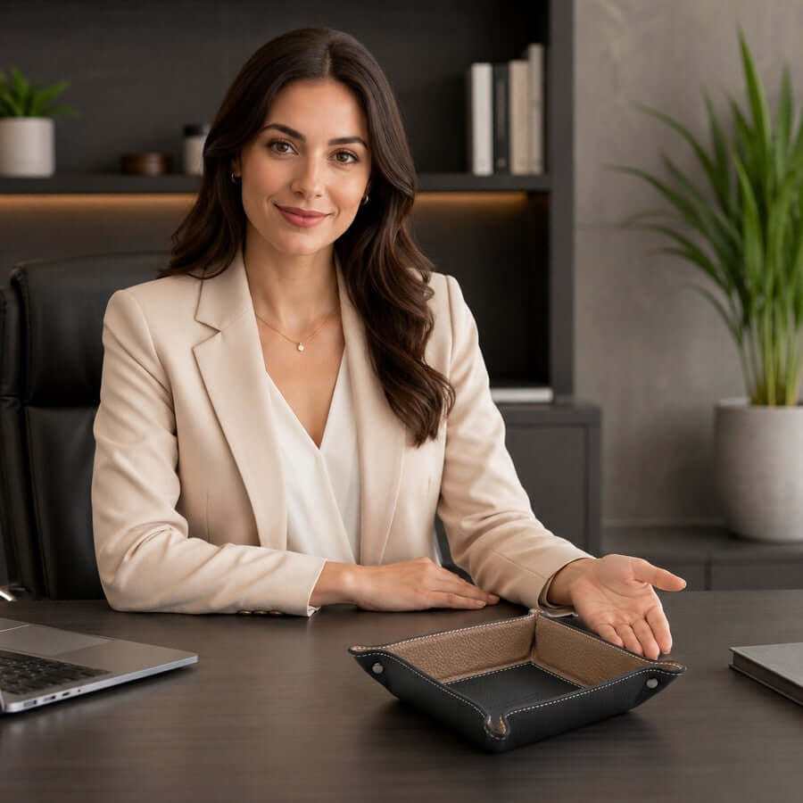 Professional woman using a black leather desk tray during the Lizandez Black Friday sale