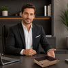 Man in a suit presenting theLeather Desk Tray on an office desk, showcasing its stylish design.