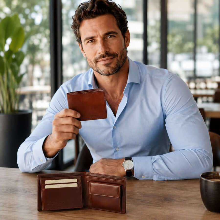 Man displaying a brown men’s leather wallet in a modern café