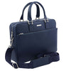 Angled And Shoulder Strap View Of The Dark Blue Executive Leather Bag