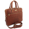 Angled And Shoulder Strap View Of The Brown Executive Leather Briefcase