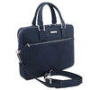 Angled And Shoulder Strap View Of The Dark Blue Executive Leather Briefcase