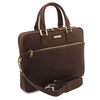 Angled And Shoulder Strap View Of The Dark Brown Executive Leather Briefcase