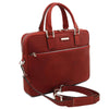Angled And Shoulder Strap View Of The Red Executive Leather Briefcase