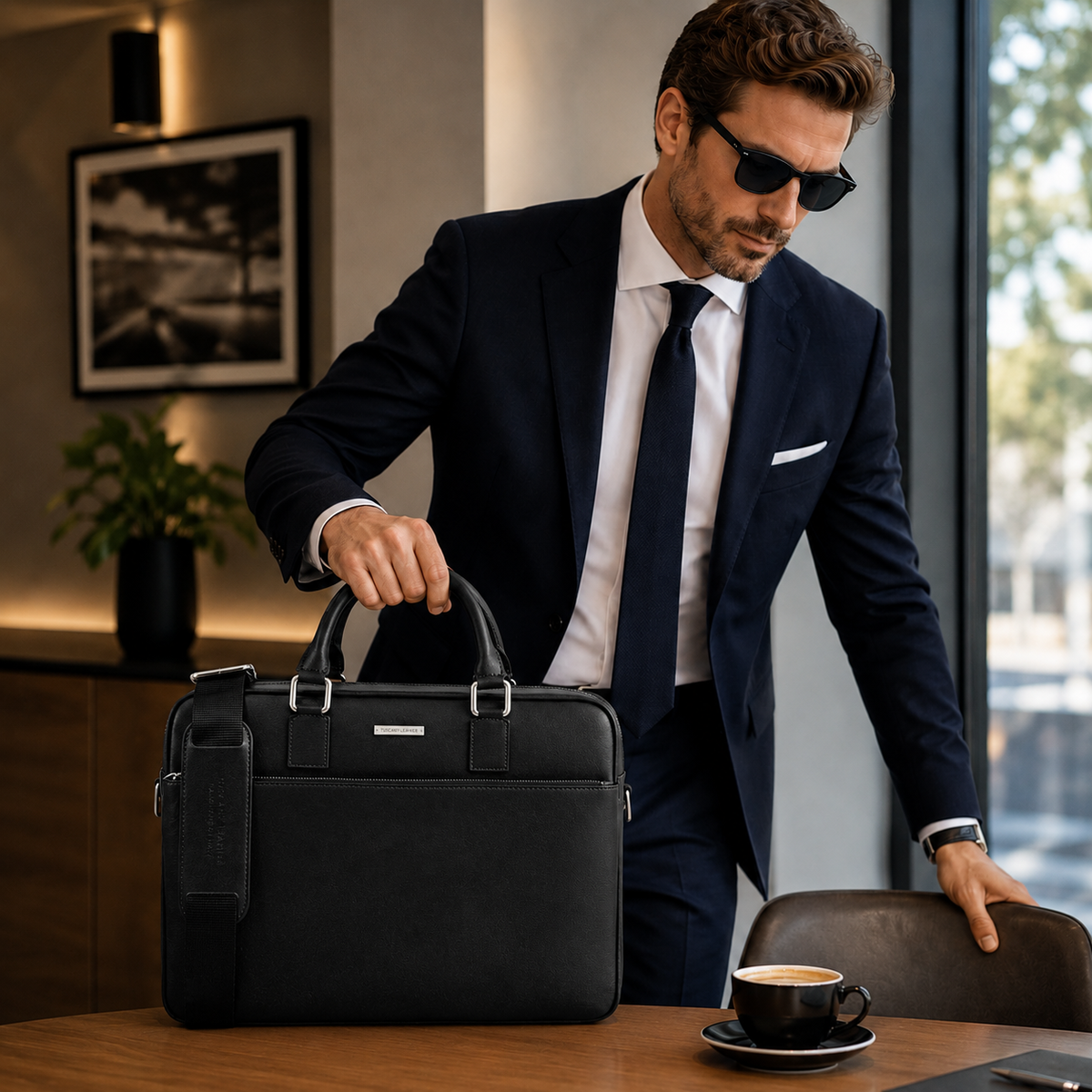 Man seated at a table with a black executive leather business bag
