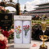 Ladies Handkerchief Floral Embroidery presented at Melbourne Cup with champagne and roses in the background.
