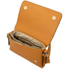 Genuine Leather Shoulder Bag in apricot with open flap showing inner compartments and zippers.
