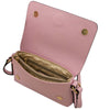 Genuine Leather Shoulder Bag in ballet pink with an open flap, showcasing multiple compartments and a stylish interior.