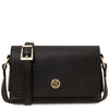 Genuine Leather Shoulder Bag in black with gold accents and adjustable strap.