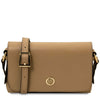 Genuine Leather Shoulder Bag, elegant small leather crossbody bag with adjustable strap and gold logo.