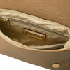 Interior view of a Genuine Leather Shoulder Bag featuring a zippered pocket and logo detailing, ideal for a Small Leather Crossbody Bag.