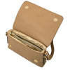 Interior view of a Genuine Leather Shoulder Bag showing multiple compartments. Small Leather Crossbody Bag.