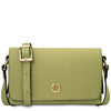 Genuine Leather Shoulder Bag in lime green with gold accents and adjustable strap, featuring a stylish buckle and logo.