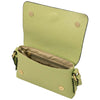 Open view of a lime green Biscuit Genuine Leather Shoulder Bag with interior pocket.