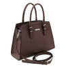 Angled And Shoulder Strap View Of The Coffee Genuine Leather Handbag
