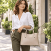 Woman In The Street Carrying The Light Taupe Genuine Leather Tote Handbag